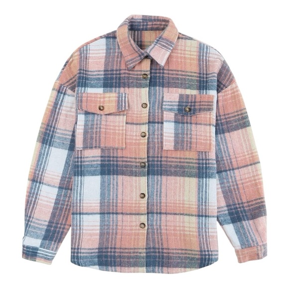 Urban Daizy Pink & Blue Plaid Flannel Button Up Shirt-Jacket Shacket. Size Small - Picture 1 of 12
